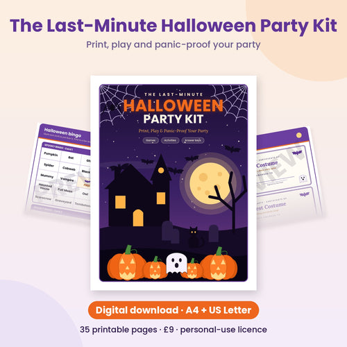 Cover of The Last-Minute Halloween Party Kit with the edges of bingo and certificate pages fanned behind it. 35 printable pages, A4 and US Letter, digital download
