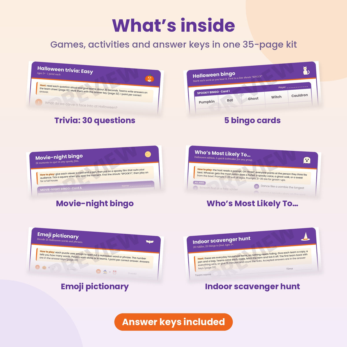 Angled, watermarked previews of the kit's trivia, bingo, movie-night bingo, Who's Most Likely To, emoji pictionary and indoor scavenger hunt pages