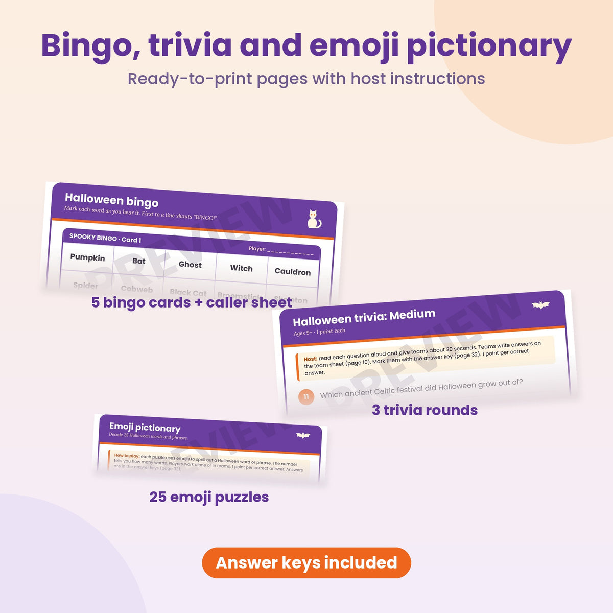 Cropped previews of the bingo, trivia and emoji pictionary pages with host instructions