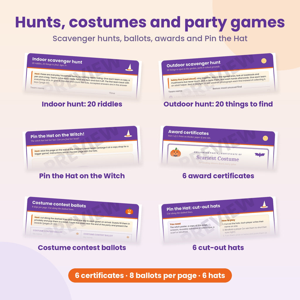 Cropped previews of the indoor and outdoor scavenger hunts, Pin the Hat on the Witch, award certificates, costume ballots and cut-out hats