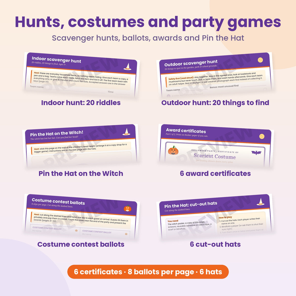 Cropped previews of the indoor and outdoor scavenger hunts, Pin the Hat on the Witch, award certificates, costume ballots and cut-out hats