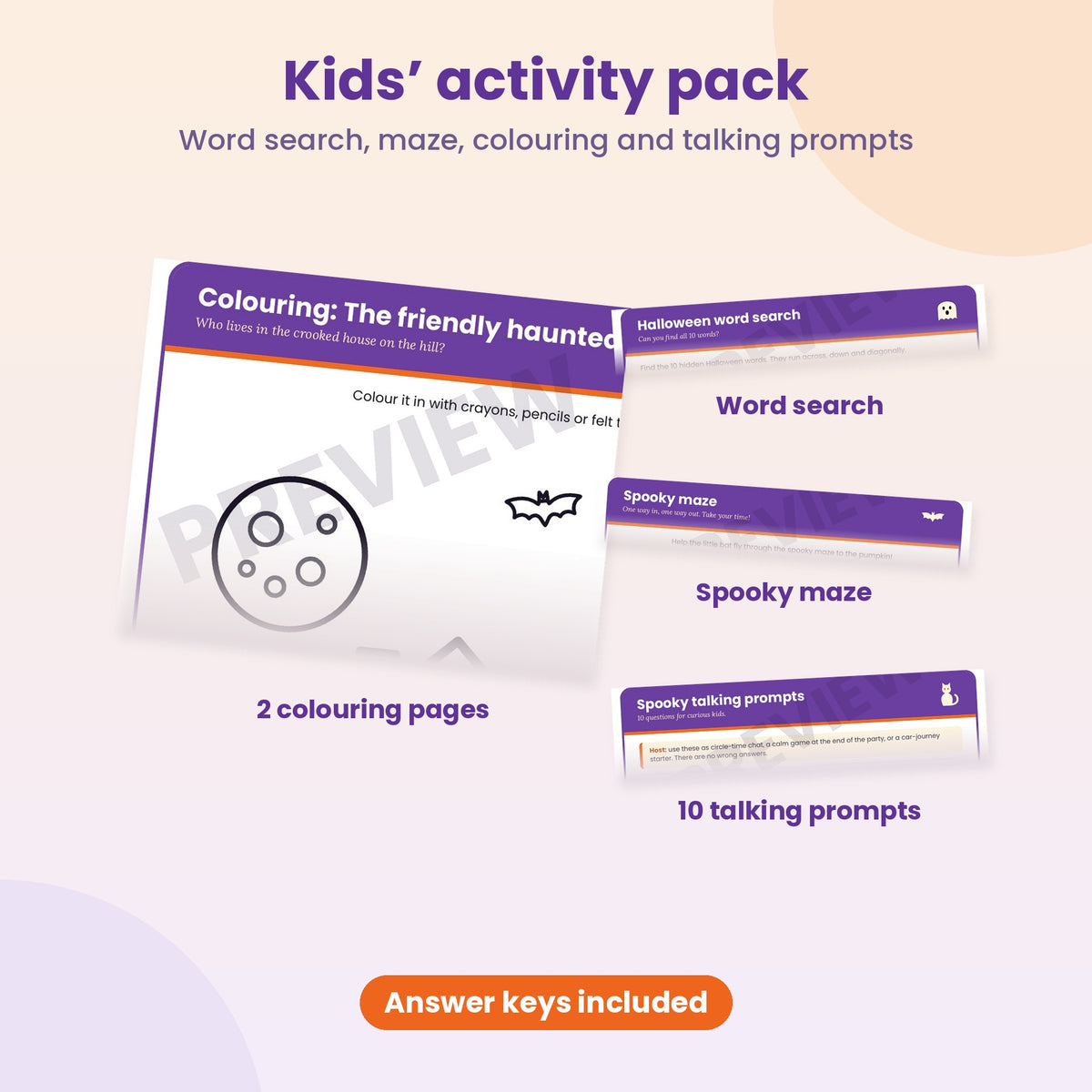 Preview fragments of the kids' pack: a colouring page, word search, maze and talking prompts
