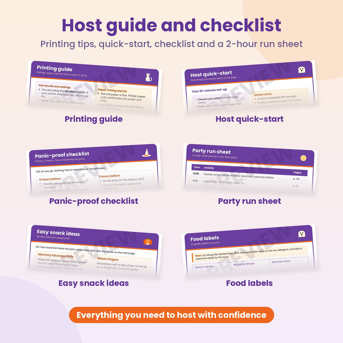 Cropped previews of the printing guide, host quick-start, checklist, party run sheet, snack ideas and food labels